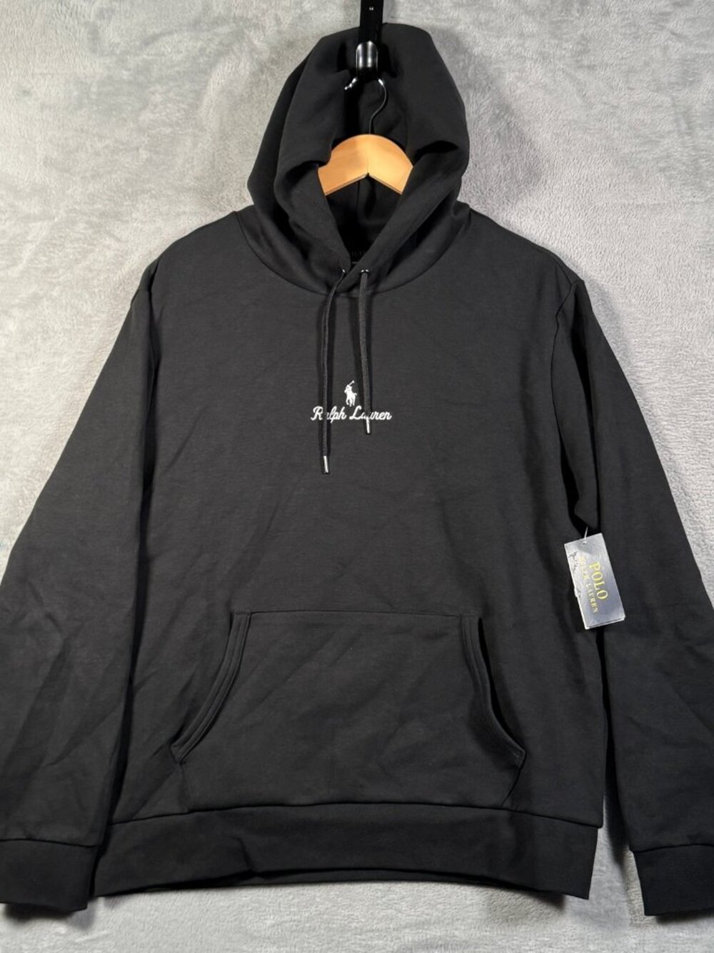 Polo Ralph Lauren Hoodie Mens L Black Script Pullover Double Knit $150